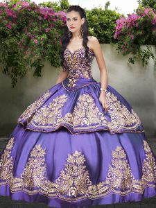 Spectacular Lavender Satin Lace Up Sweetheart Sleeveless Floor Length Sweet 16 Dress Beading and Embroidery