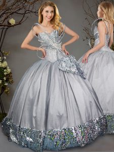 Grey Ball Gowns Taffeta Sweetheart Sleeveless Beading Floor Length Lace Up Sweet 16 Dresses