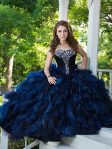 Sleeveless Tulle Floor Length Lace Up Sweet 16 Dresses in Navy Blue with Beading and Ruffles