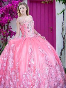 Charming Floor Length Rose Pink Quinceanera Gown Scoop Long Sleeves Lace Up