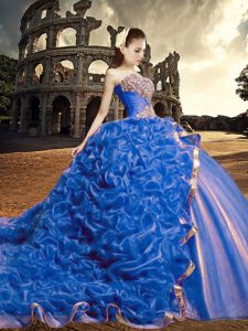 Glittering Sleeveless With Train Beading and Sequins and Pick Ups Lace Up Quinceanera Dress with Blue Court Train