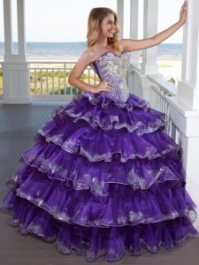 Nice Purple Ball Gowns Organza Sweetheart Sleeveless Beading and Ruffled Layers Floor Length Lace Up Quinceanera Gown