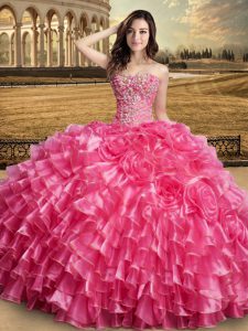 Coral Red Ball Gowns Sweetheart Sleeveless Organza Floor Length Lace Up Beading and Ruffles and Hand Made Flower 15th Bi