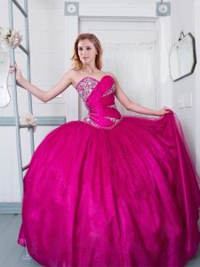 Fuchsia Sleeveless Floor Length Beading Lace Up Quinceanera Gowns
