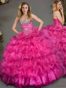 Stylish Ruffled Ball Gowns Vestidos de Quinceanera Hot Pink Sweetheart Organza Sleeveless Floor Length Lace Up
