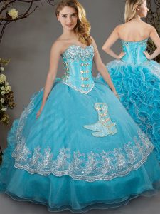 Baby Blue Lace Up Quinceanera Gowns Beading and Lace and Appliques Sleeveless Floor Length
