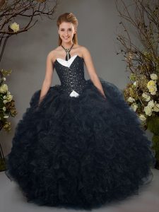 High Class Black Lace Up Sweetheart Beading and Ruffles Quinceanera Dress Tulle Sleeveless