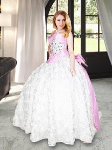 Exceptional White Ball Gowns Sweetheart Sleeveless Fabric With Rolling Flowers Floor Length Lace Up Beading and Bowknot 