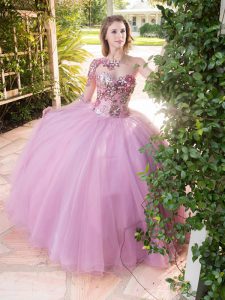 Tulle Scoop Long Sleeves Lace Up Beading and Sequins Quince Ball Gowns in Lilac