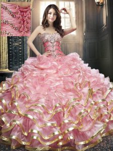 Floor Length Pink Quinceanera Gown Organza Sleeveless Beading and Ruffles