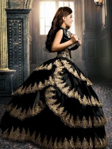 Black Ball Gowns Appliques and Ruffled Layers Quinceanera Gown Lace Up Taffeta Sleeveless Floor Length