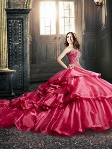 Exquisite Court Train Coral Red Sleeveless Beading and Ruffled Layers Lace Up Sweet 16 Dress