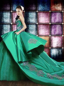 Glittering Sleeveless Appliques Lace Up Ball Gown Prom Dress with Green Court Train