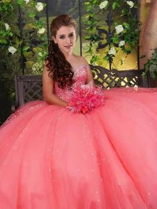 Perfect Sequins Floor Length Ball Gowns Sleeveless Watermelon Red 15 Quinceanera Dress Lace Up