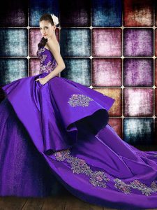 Smart Sleeveless Satin and Sequined Court Train Lace Up Sweet 16 Quinceanera Dress in Purple with Appliques