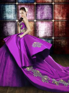 Custom Design Eggplant Purple Ball Gowns Strapless Sleeveless Satin and Sequined Court Train Lace Up Appliques 15 Quince