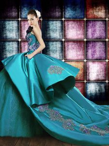 Cheap Teal Ball Gowns Strapless Sleeveless Satin and Sequined With Train Court Train Lace Up Appliques Quinceanera Gown