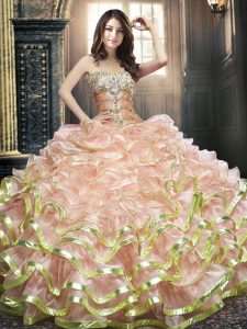 Organza Sweetheart Sleeveless Lace Up Beading and Ruffled Layers Quince Ball Gowns in Peach