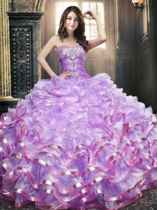 Lavender Ball Gowns Sweetheart Sleeveless Organza Floor Length Lace Up Beading and Ruffled Layers Quinceanera Dress