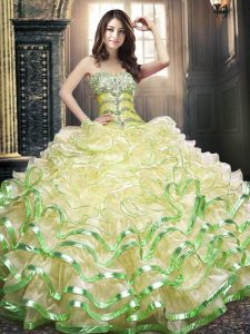 Lovely Sleeveless Floor Length Beading and Ruffled Layers Lace Up 15 Quinceanera Dress with Yellow Green