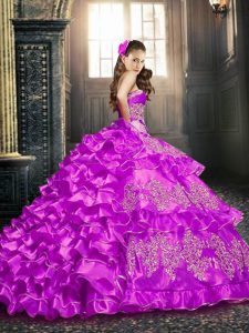 Fuchsia Sleeveless Floor Length Embroidery and Ruffled Layers Lace Up Ball Gown Prom Dress