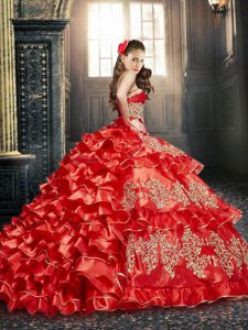 Red Taffeta Lace Up Sweetheart Sleeveless Floor Length Vestidos de Quinceanera Embroidery and Ruffled Layers