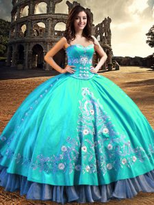 Excellent Embroidery Floor Length Ball Gowns Sleeveless Aqua Blue Ball Gown Prom Dress Lace Up