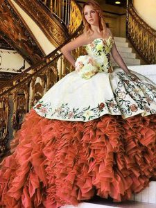 Free and Easy Floor Length Rust Red Sweet 16 Quinceanera Dress Organza Sleeveless Appliques and Embroidery and Ruffles