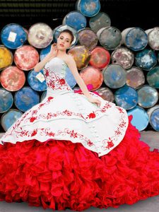 Charming White And Red Sleeveless Appliques and Embroidery and Ruffles Floor Length 15 Quinceanera Dress