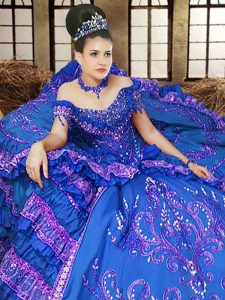 Satin Off The Shoulder Sleeveless Lace Up Embroidery Quinceanera Dress in Royal Blue