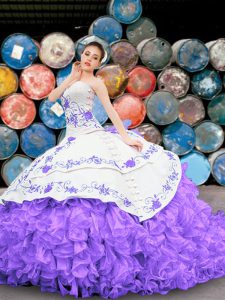 White And Purple Lace Up Quinceanera Dresses Appliques and Embroidery and Ruffles Sleeveless Floor Length