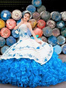 Halter Top Sleeveless Lace Up Quince Ball Gowns Blue And White Organza