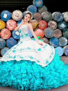 Sleeveless Floor Length Appliques and Embroidery and Ruffles Lace Up Vestidos de Quinceanera with Blue And White