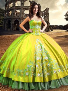 Charming One Shoulder Lace and Embroidery Sweet 16 Quinceanera Dress Yellow Green Lace Up Sleeveless Floor Length