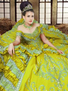 Fantastic Off The Shoulder Sleeveless 15 Quinceanera Dress Floor Length Embroidery Light Yellow Satin