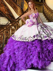 Fashionable White And Purple Ball Gowns Sweetheart Sleeveless Organza Floor Length Lace Up Appliques and Embroidery Swee