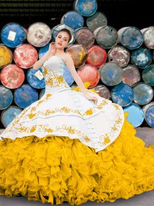 Floor Length Yellow And White Ball Gown Prom Dress Organza Sleeveless Appliques and Embroidery and Ruffles