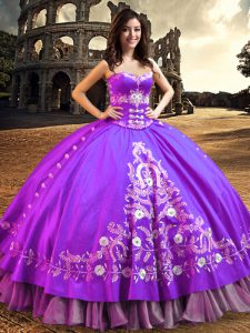 Purple Ball Gowns Sweetheart Sleeveless Satin Floor Length Lace Up Embroidery Quinceanera Gown