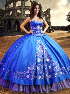 One Shoulder Royal Blue Sleeveless Floor Length Lace and Embroidery Lace Up Quinceanera Dress