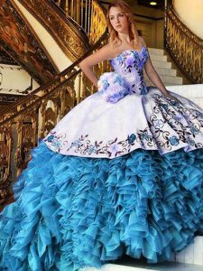 Floor Length Baby Blue Sweet 16 Quinceanera Dress Organza Sleeveless Appliques and Embroidery and Ruffles