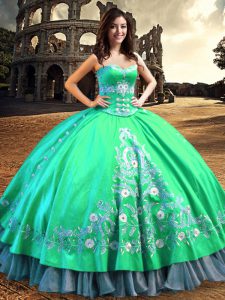Off the Shoulder Turquoise Sleeveless Floor Length Lace and Embroidery Lace Up Quince Ball Gowns