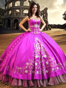 Decent Fuchsia Ball Gowns Satin Sweetheart Sleeveless Embroidery Floor Length Lace Up Sweet 16 Dresses