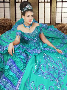 Turquoise Off The Shoulder Neckline Embroidery Sweet 16 Dress Sleeveless Lace Up