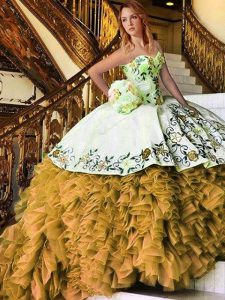 Affordable Yellow And White Organza Lace Up Quince Ball Gowns Sleeveless Floor Length Appliques and Embroidery
