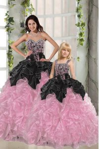 Pink And Black Ball Gowns Beading and Ruffles Quinceanera Dress Lace Up Organza Sleeveless Floor Length