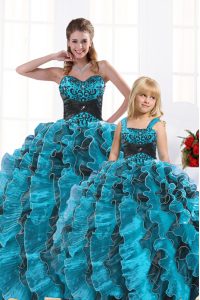 Superior Sleeveless Organza Floor Length Lace Up Quince Ball Gowns in Aqua Blue with Beading and Appliques and Ruffles