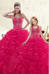 Delicate Hot Pink Lace Up Sweetheart Beading and Ruffles 15 Quinceanera Dress Organza Sleeveless