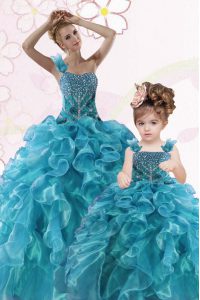 Eye-catching One Shoulder Teal Lace Up Sweet 16 Quinceanera Dress Beading and Ruffles Sleeveless Floor Length