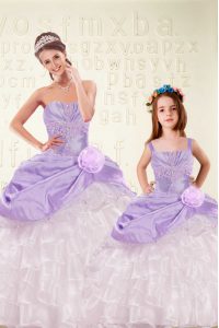 Purple Ball Gowns Organza and Taffeta Sweetheart Sleeveless Beading and Ruffled Layers and Hand Made Flower Floor Length
