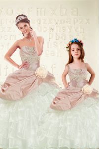 Sleeveless Organza and Taffeta Floor Length Lace Up 15 Quinceanera Dress in Pink And White with Beading and Ruffled Laye
